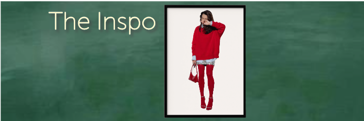 Image of Pinterest styled inspiration for an outfit featuring a red pullover, red pantyhose, a sequin skirt, a blue button up and and red purse along with strappy heels.