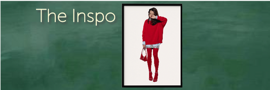 Image of Pinterest styled inspiration for an outfit featuring a red pullover, red pantyhose, a sequin skirt, a blue button up and and red purse along with strappy heels.