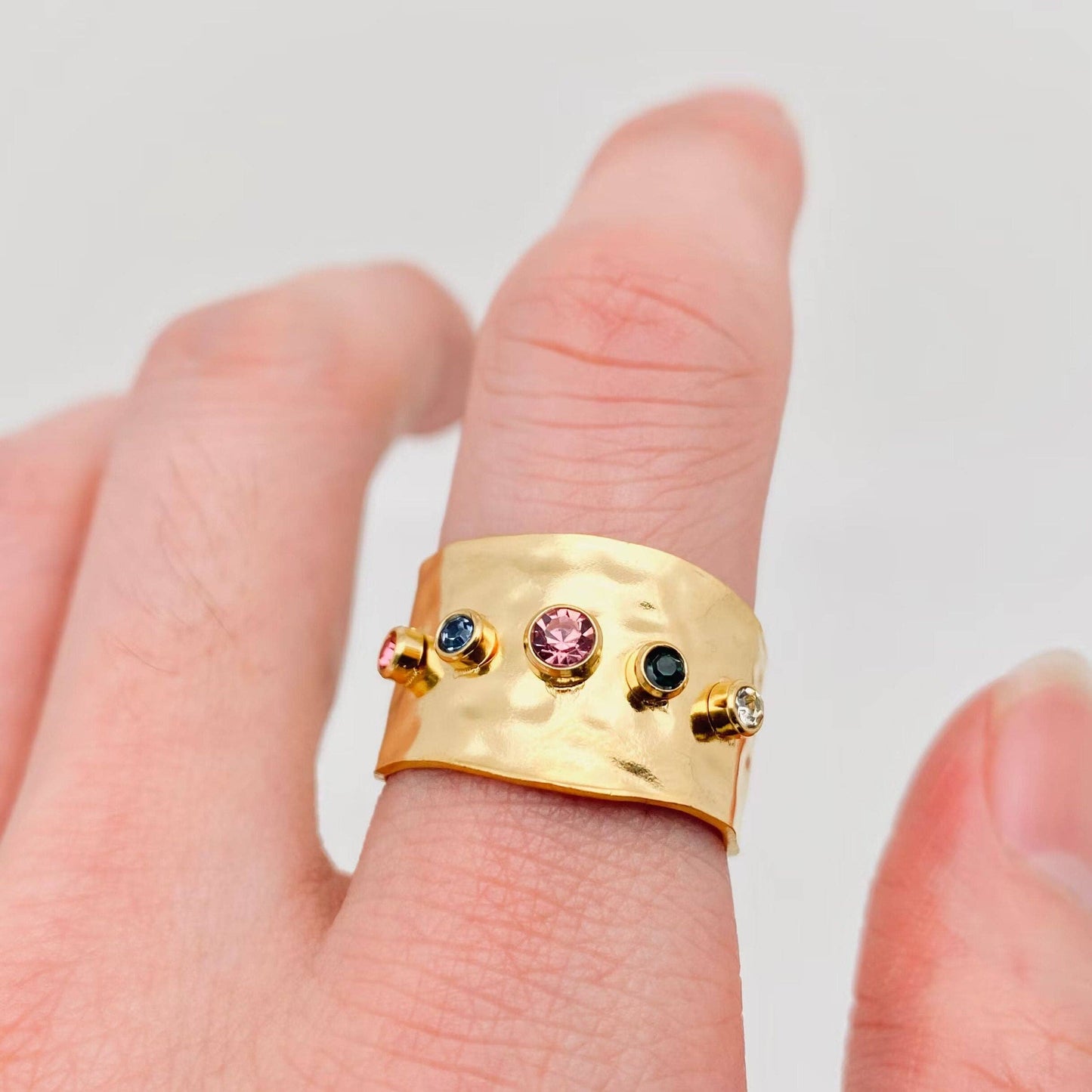 18K Gold-Plated Adjustable Ring with Cubic Zirconia & Stainless Steel Base