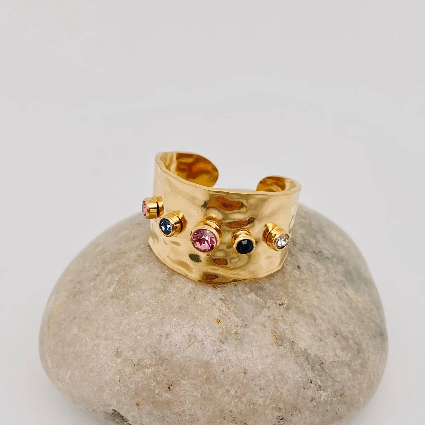 18K Gold-Plated Adjustable Ring with Cubic Zirconia & Stainless Steel Base