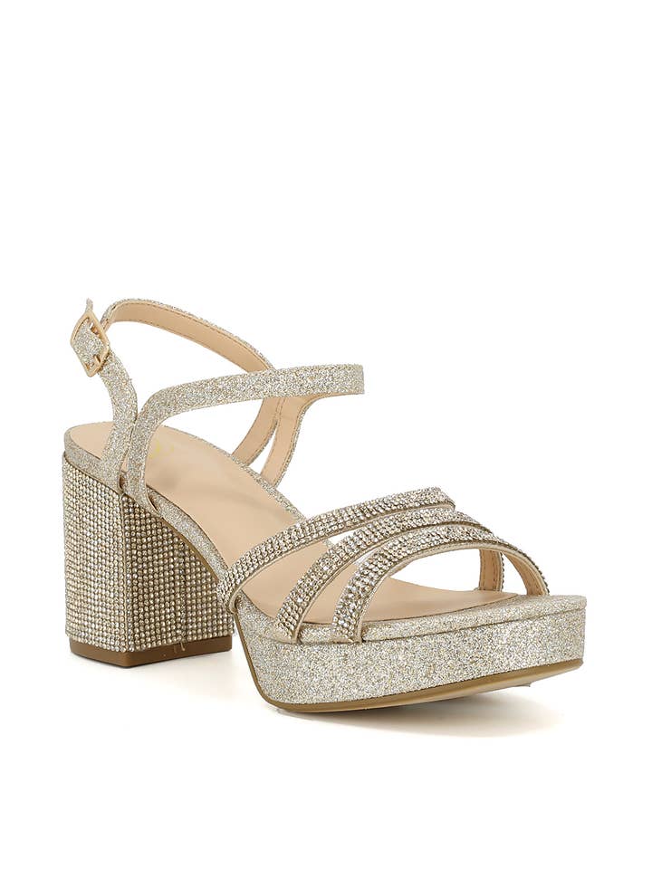 Rhinestone and glitter block heel strappy sandals with an open toe design, perfect for adding sparkle and elegance to any special occasion outfit.