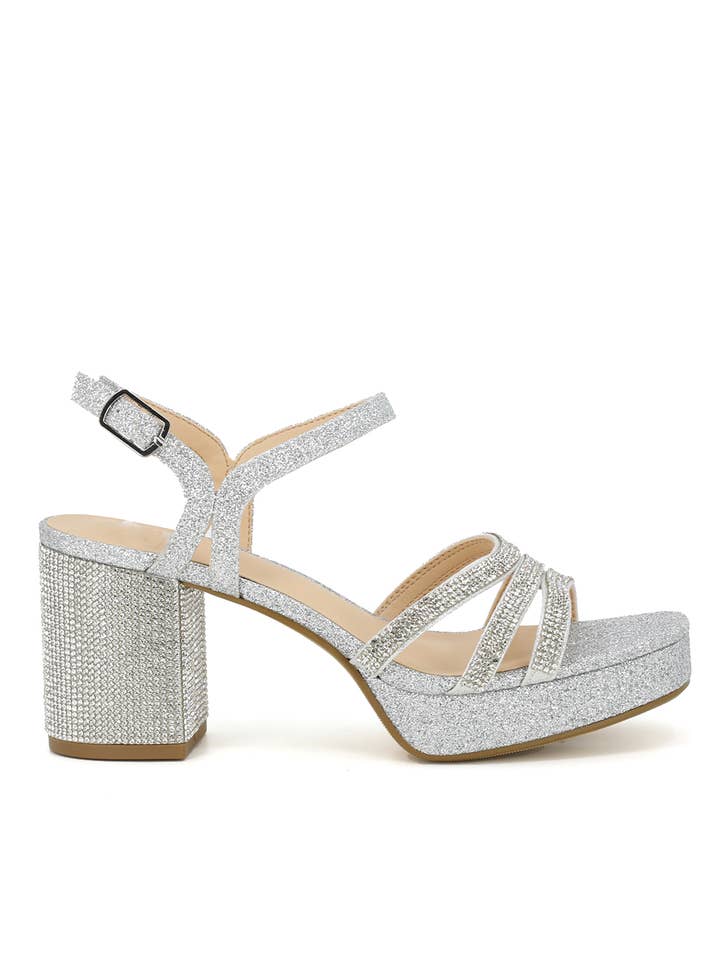 Rhinestone and glitter block heel strappy sandals with an open toe design, perfect for adding sparkle and elegance to any special occasion outfit.