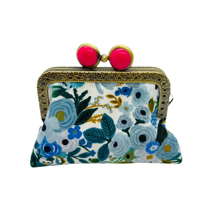 Kiki & Syds mini clutch purse with ancient bronze embossed lace metal frame and velvet logo tag, showcasing a beautiful design made from high-quality 100% cotton fabric by Rifle Paper Co.