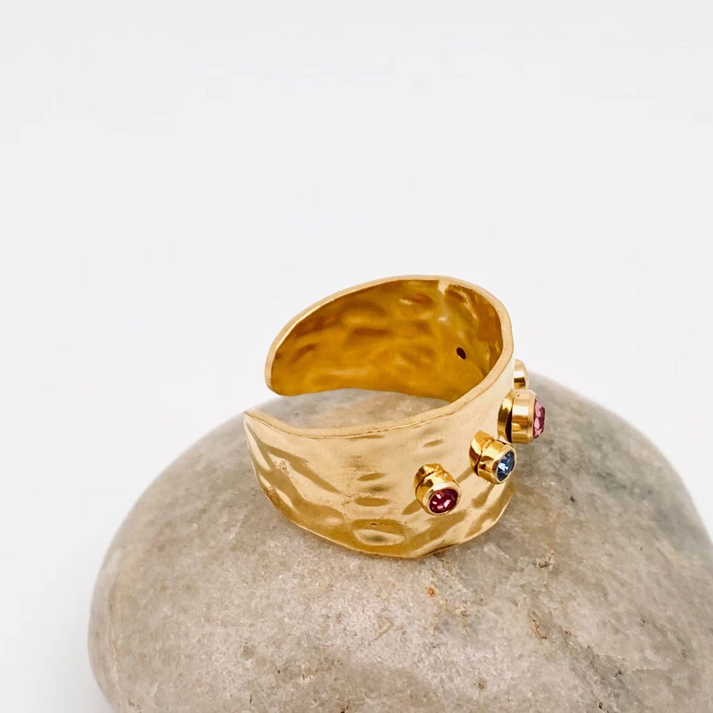 18K Gold-Plated Adjustable Ring with Cubic Zirconia & Stainless Steel Base