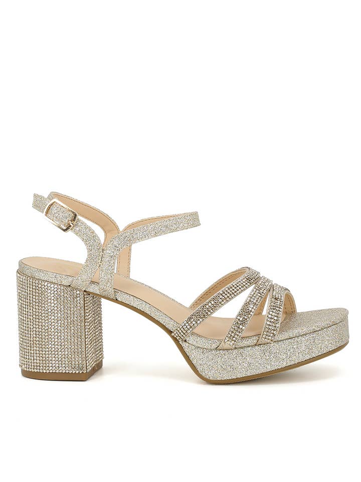 Rhinestone and glitter block heel strappy sandals with an open toe design, perfect for adding sparkle and elegance to any special occasion outfit.