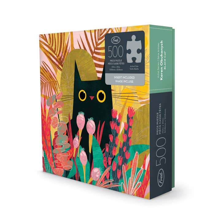Fred Artist Series puzzle featuring high-quality, 2mm thick ribbon-cut pieces, with a full-color insert, minimal dust, and eco-friendly materials, printed with soy-based ink and packaged in a sturdy box made from 90% recycled materials.