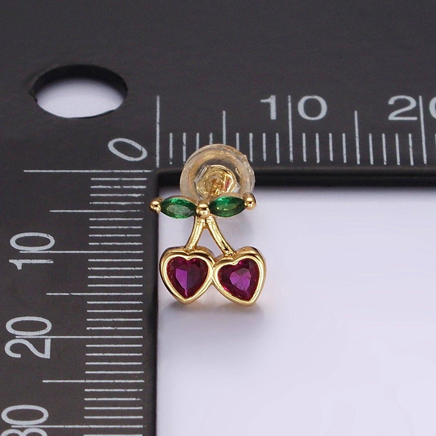 Fuschsia CZ Heart Cherry Earrings with ruler for size reference