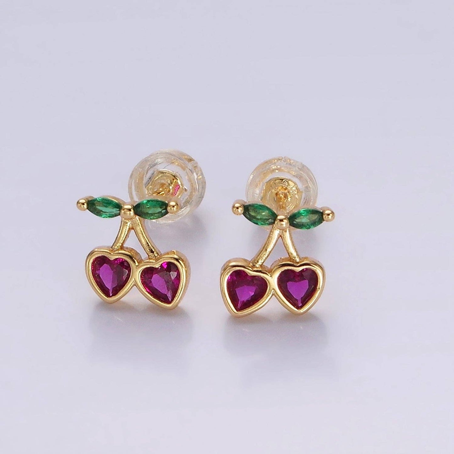 Close up view of Fuschsia CZ Heart Cherry Earrings