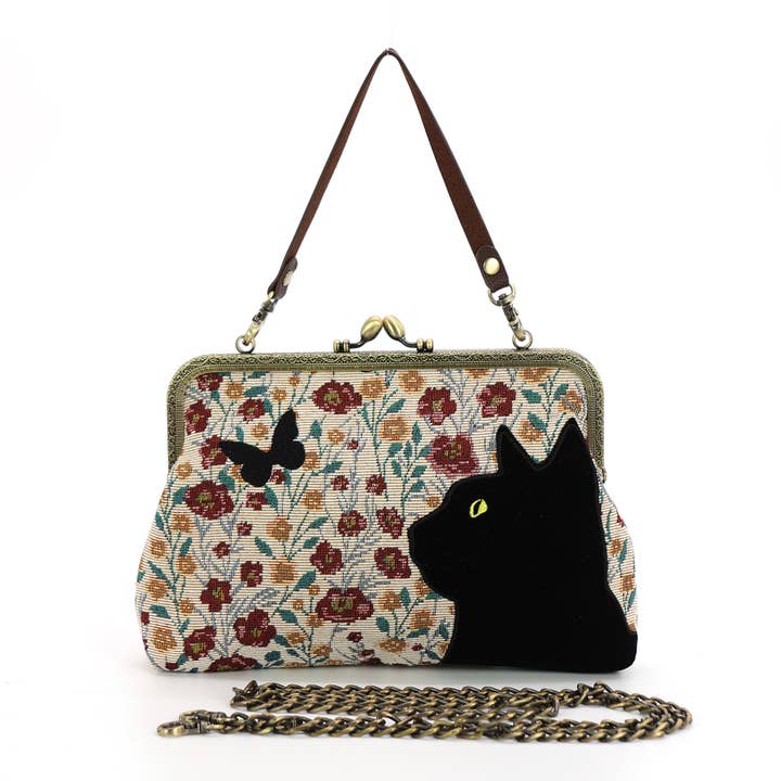 Floral Black Cat Kisslock Bag featuring playful velvet black cat and butterfly designs, vintage metal detailing, and uniquely floral embroidered patterns for a charming and whimsical accessory.