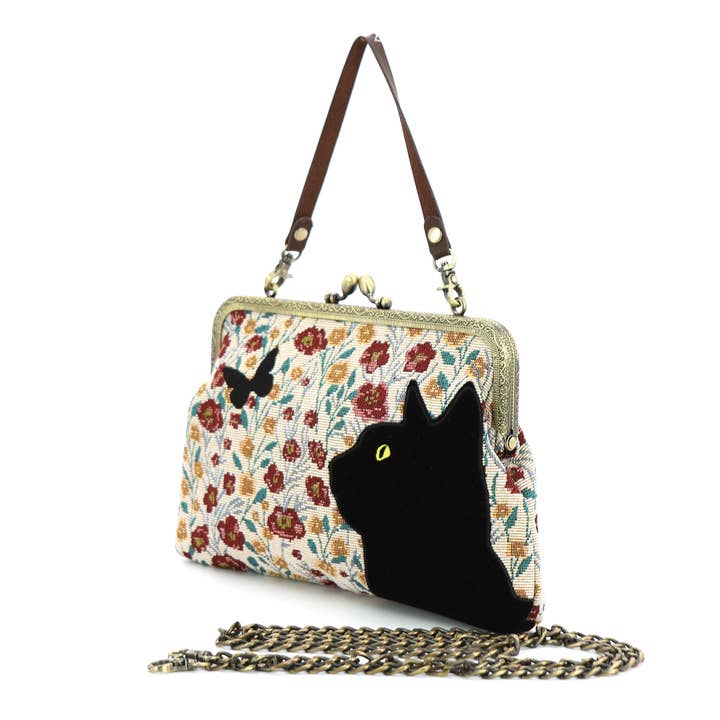 Floral Black Cat Kisslock Bag featuring playful velvet black cat and butterfly designs, vintage metal detailing, and uniquely floral embroidered patterns for a charming and whimsical accessory.