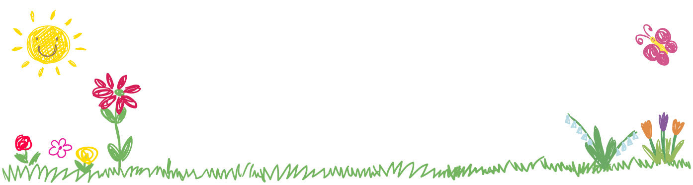 Drawing of nature including a smiling sun, pink butterfly, flowers and grass looks like drawn by a child for a nostalgic feel.