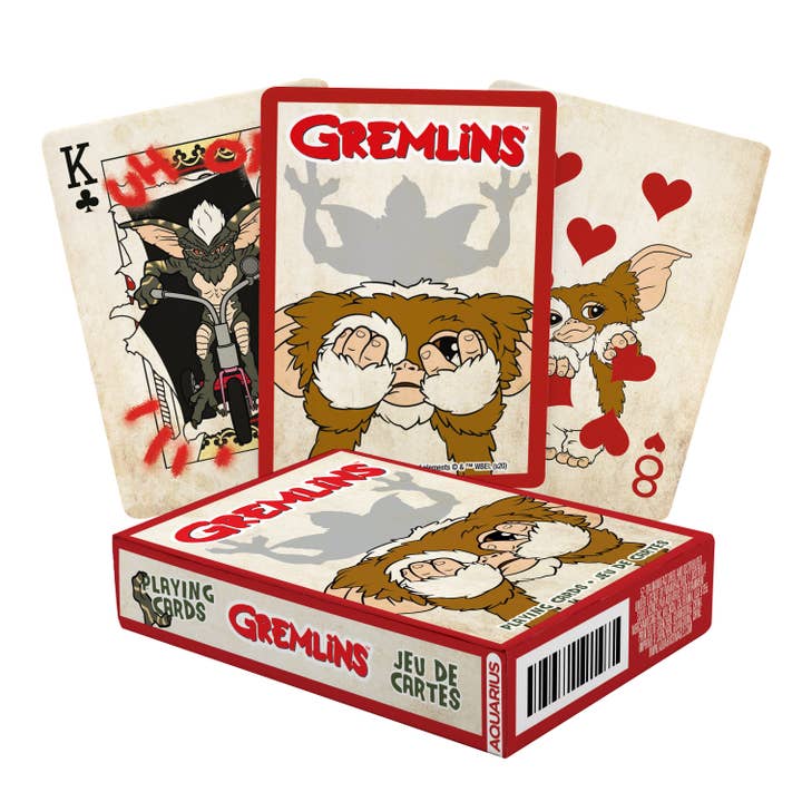 Deck of Gremlins playing cards featuring 54 unique designs, including 52 playing cards and 2 jokers, showcasing quirky Gremlins illustrations. Official merchandise licensed by AQUARIUS and Warner Brothers, perfect for game nights and collectors.