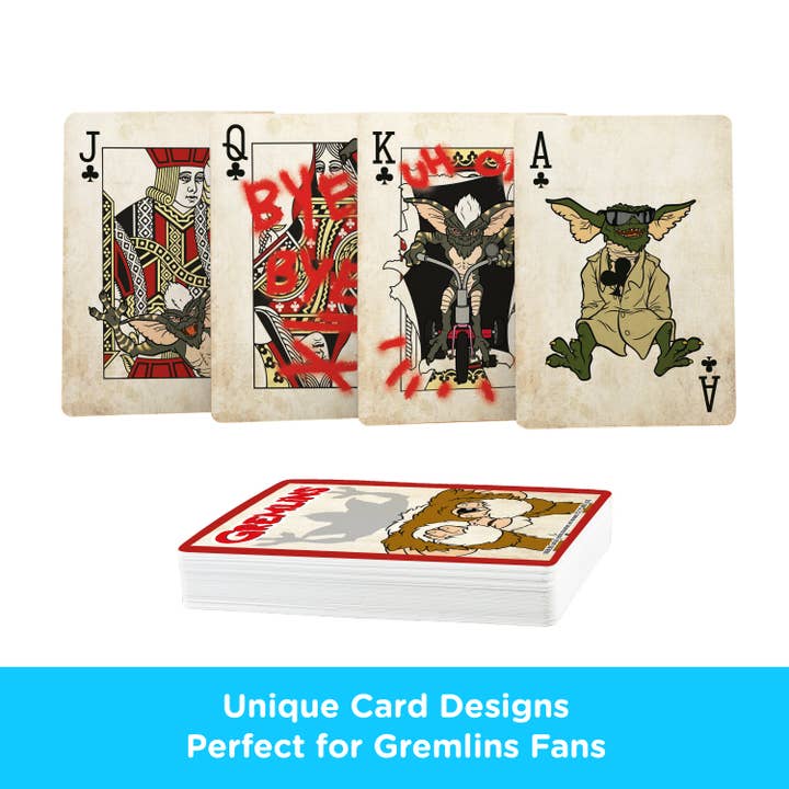 Deck of Gremlins playing cards featuring 54 unique designs, including 52 playing cards and 2 jokers, showcasing quirky Gremlins illustrations. Official merchandise licensed by AQUARIUS and Warner Brothers, perfect for game nights and collectors.