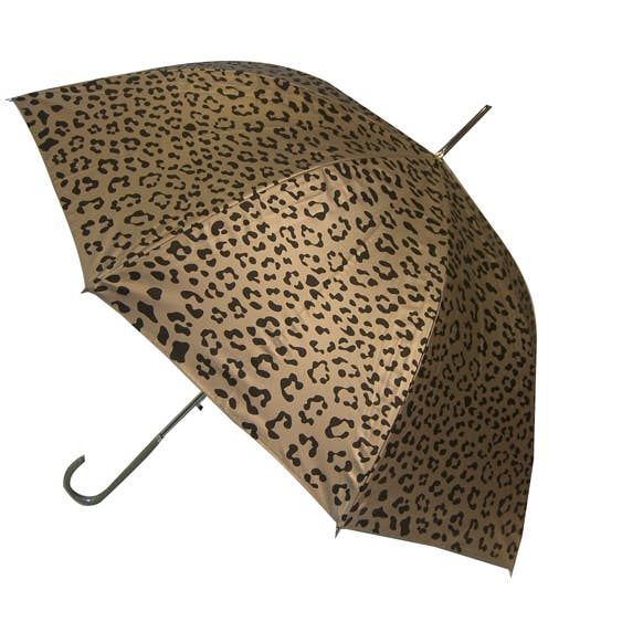Side view of metallic leaopard print open umbrella.