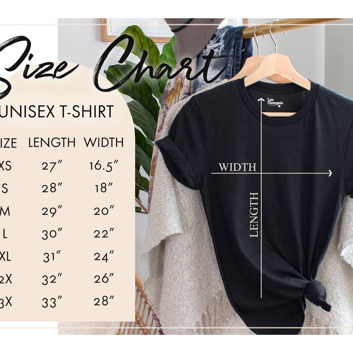 A sizing chart for a t-shirt, displaying available sizes from Small to 3X-Large. The chart includes measurements for width (in inches) and length (in inches), helping customers choose the correct size. The background is simple and clean, ensuring the text is easily readable.