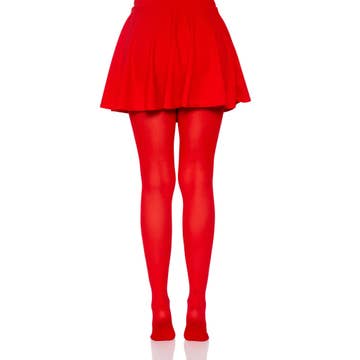 A close-up back view of vibrant red pantyhose, styled with a skirt and heels for a bold, fashionable look.