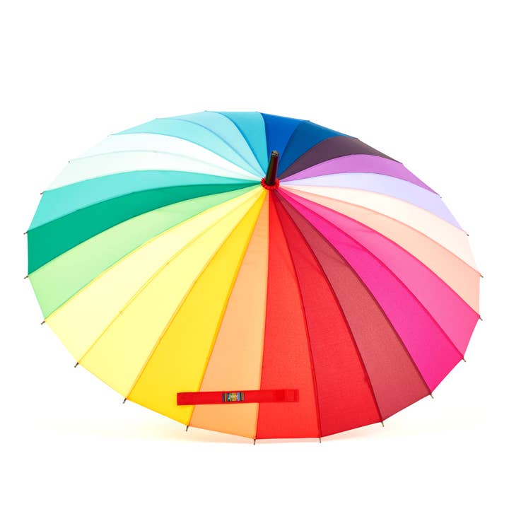 Top view of Open multicolor rainbow umbrella.