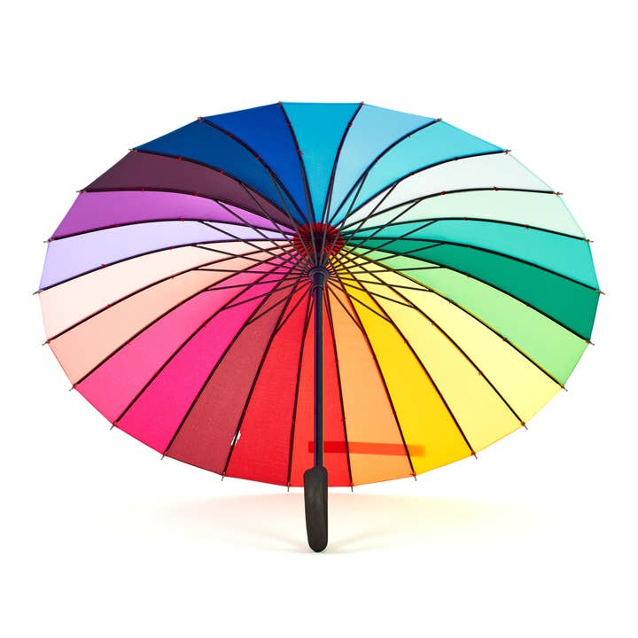 Bottom view of Open multicolor rainbow umbrella.