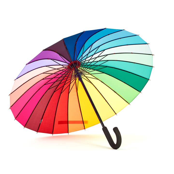Bottom view of Open multicolor rainbow umbrella.