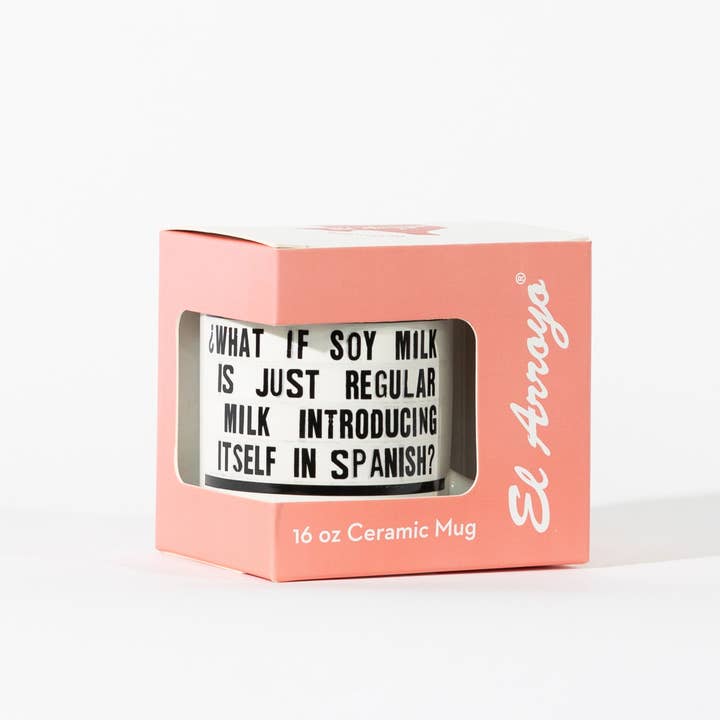 A ceramic mug with the text "Soy Milk" in a simple, modern font. The mug is white with a clean design, perfect for enjoying plant-based beverages. Shown in a box great for gifting.