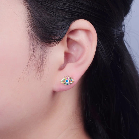 Multi color evil eye stud earring on model