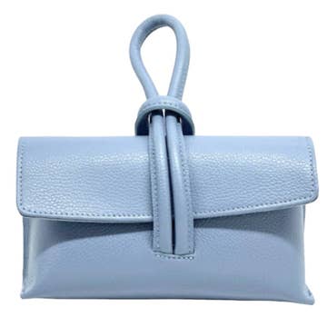 A soft light blue leather handbag with a unique knot handle, offering a subtle yet sophisticated accessory for everyday wear.