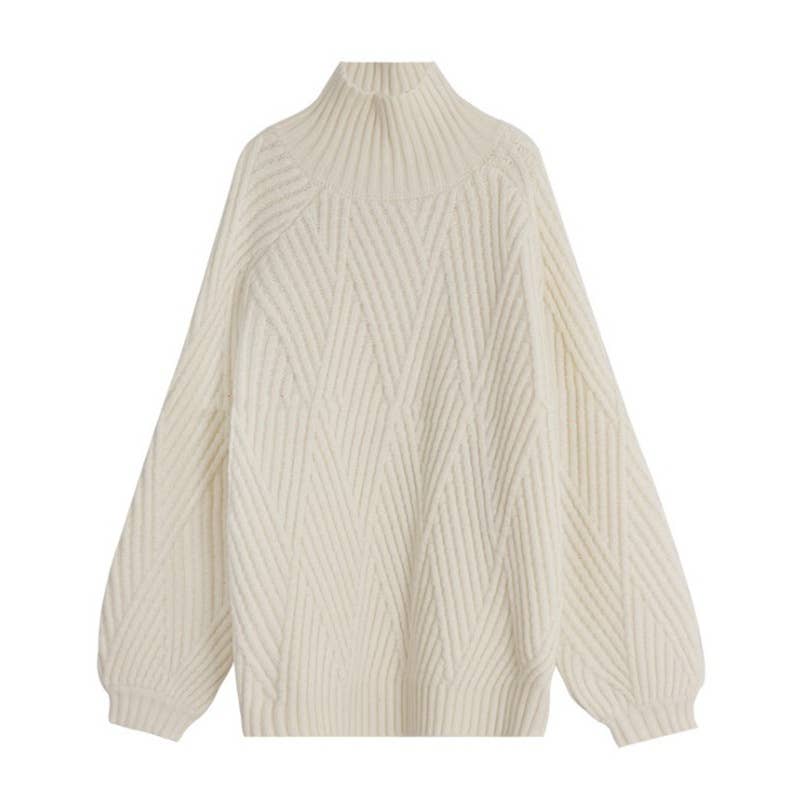 White turtle neck long sleeve pullover sweater on a white background, showcasing its ribbed pattern.