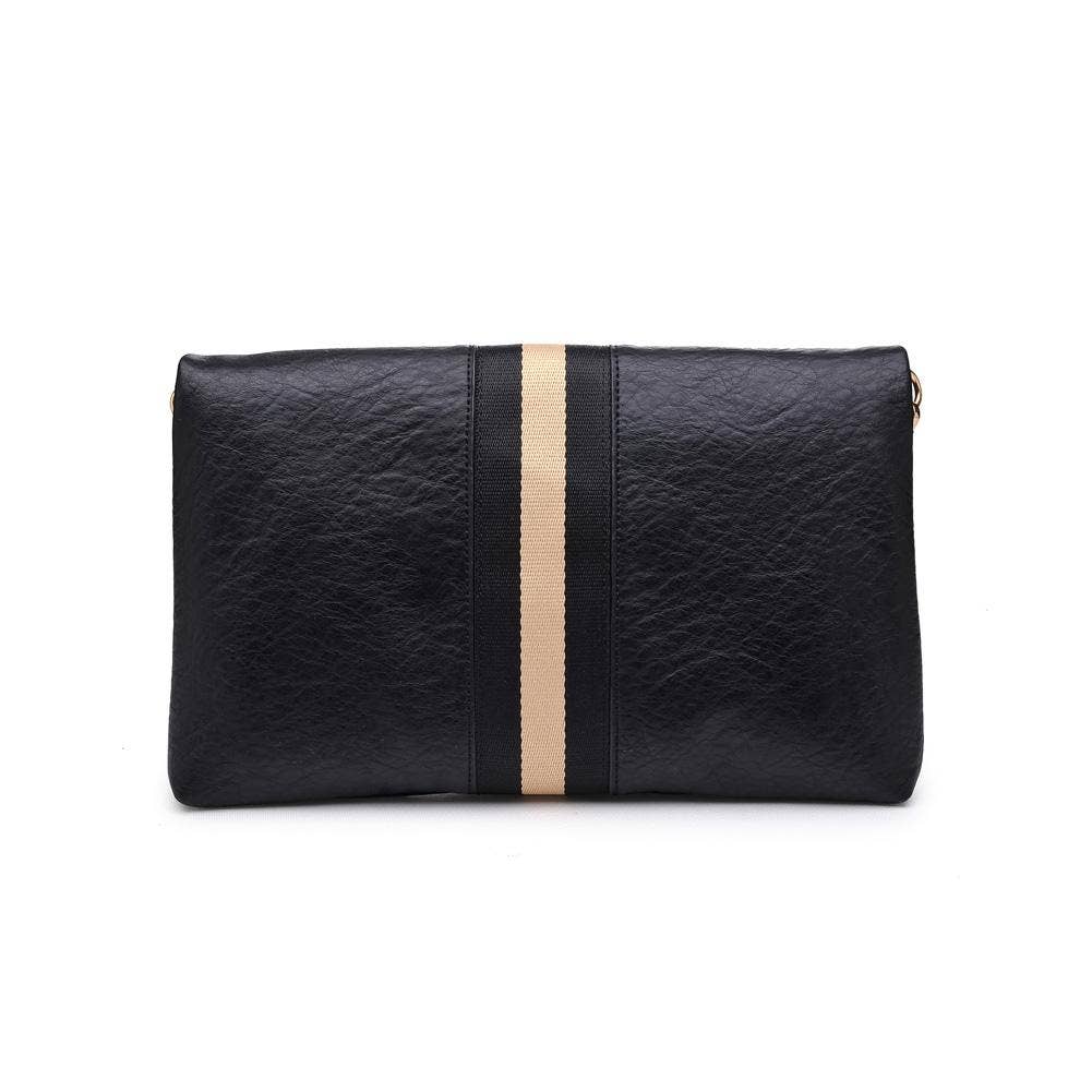 Back view of the black fold-over clutch with a gold stripe, highlighting the sleek and minimalistic design.