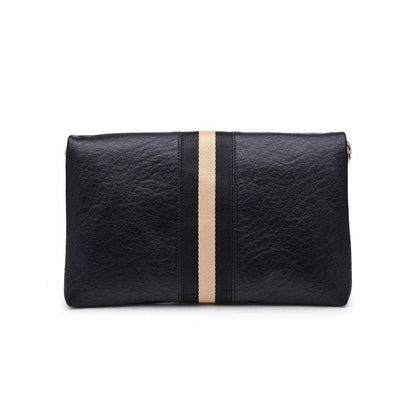 Back view of the black fold-over clutch with a gold stripe, highlighting the sleek and minimalistic design.