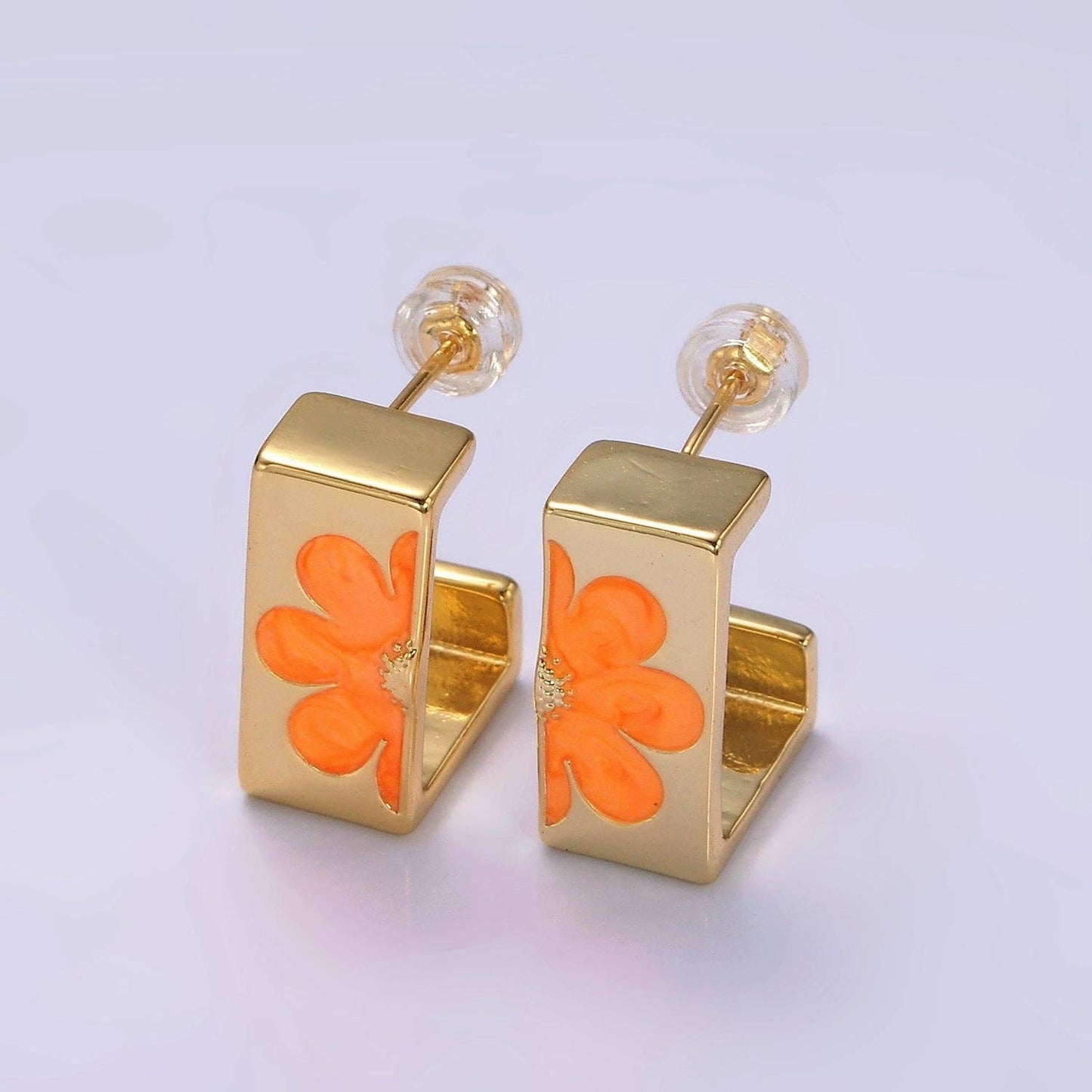 Gold-Plated Rectangular Flower Stud Earrings