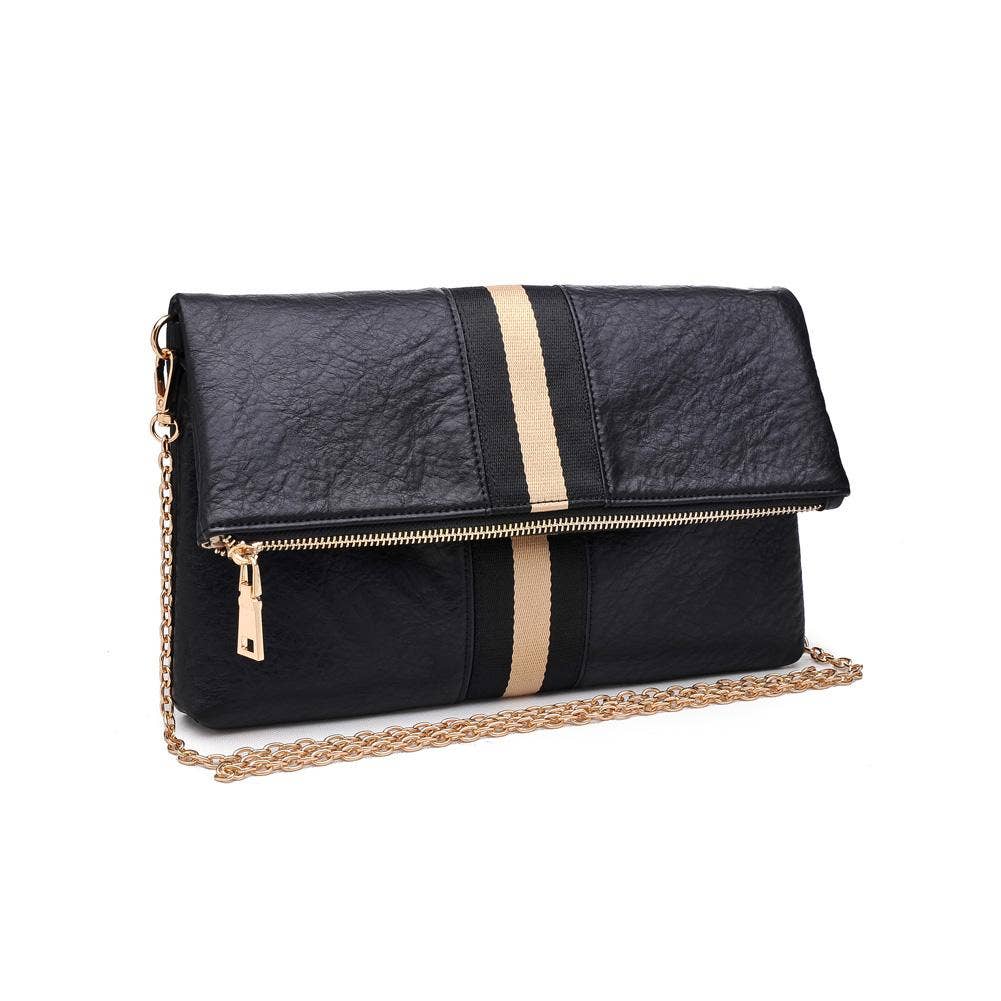 Front angled view of the black fold-over clutch with a gold stripe, showcasing the bag's stylish and practical design.