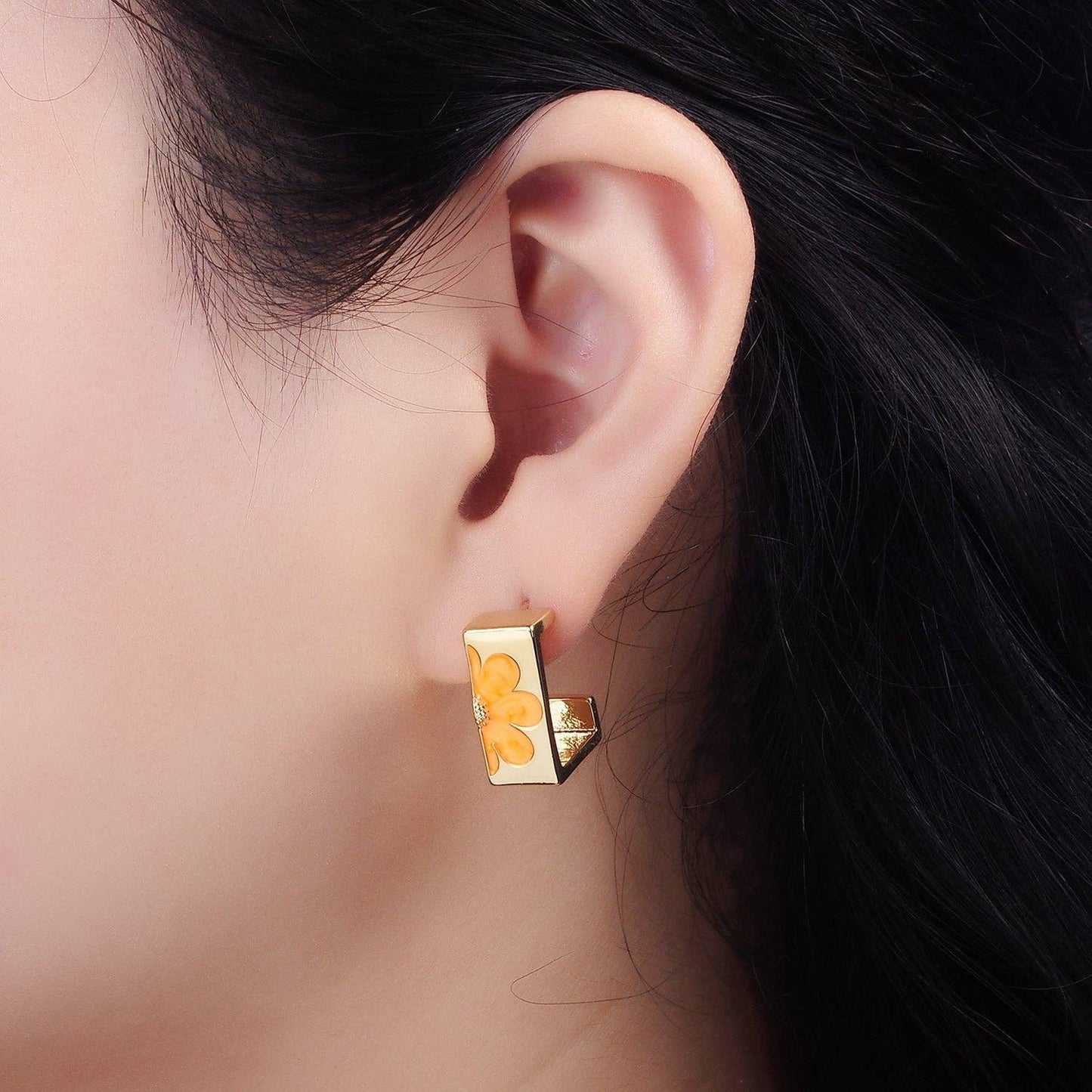 Gold-Plated Rectangular Flower Stud Earrings