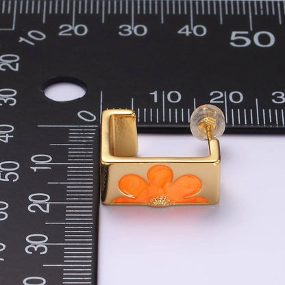 Gold-Plated Rectangular Flower Stud Earrings