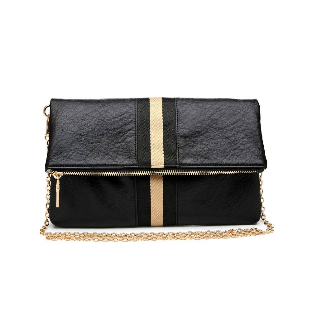 Close-up of the black fold-over clutch with a gold stripe, featuring a secure zipper closure and gold chain strap.