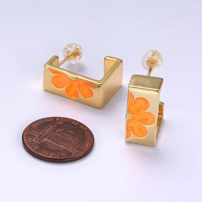 Gold-Plated Rectangular Flower Stud Earrings