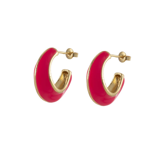 Pair of gold and hot pink enamel hoop earrings.