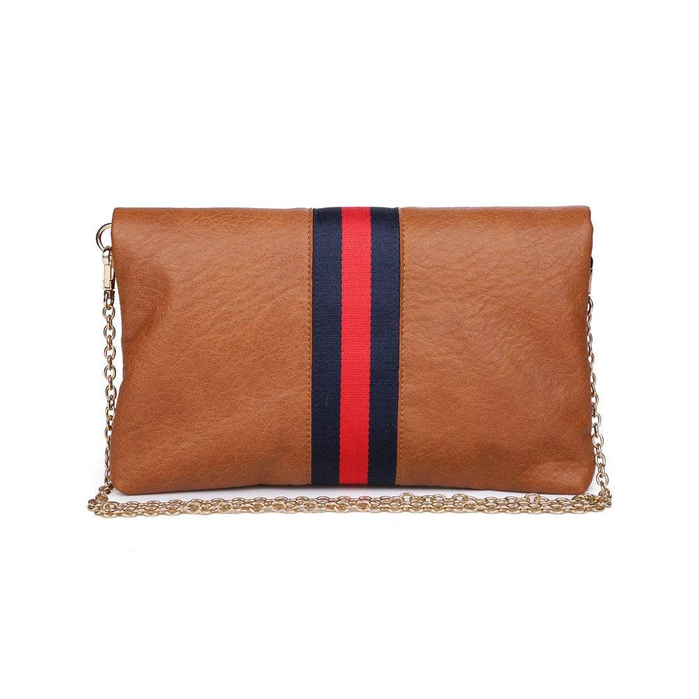 Back view of the brown fold-over clutch with a red and navy stripe, highlighting its clean and minimalistic design.