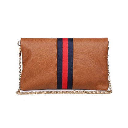 Back view of the brown fold-over clutch with a red and navy stripe, highlighting its clean and minimalistic design.