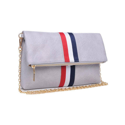 Gray fold-over clutch with a gold chain strap and a red, white, and blue stripe down the center.