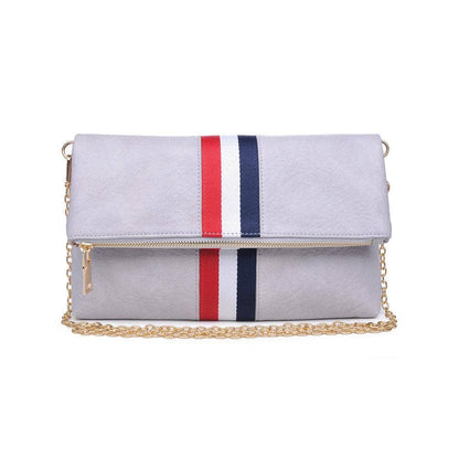 Front view of the gray fold-over clutch with a red, white, and blue stripe, showcasing its sleek design and gold chain strap.