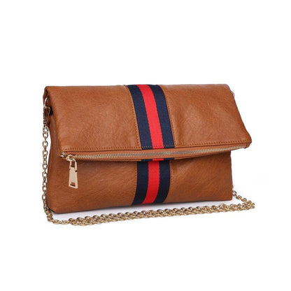 Brown fold-over clutch with a red and navy stripe, featuring a gold chain strap and a secure zipper closure.