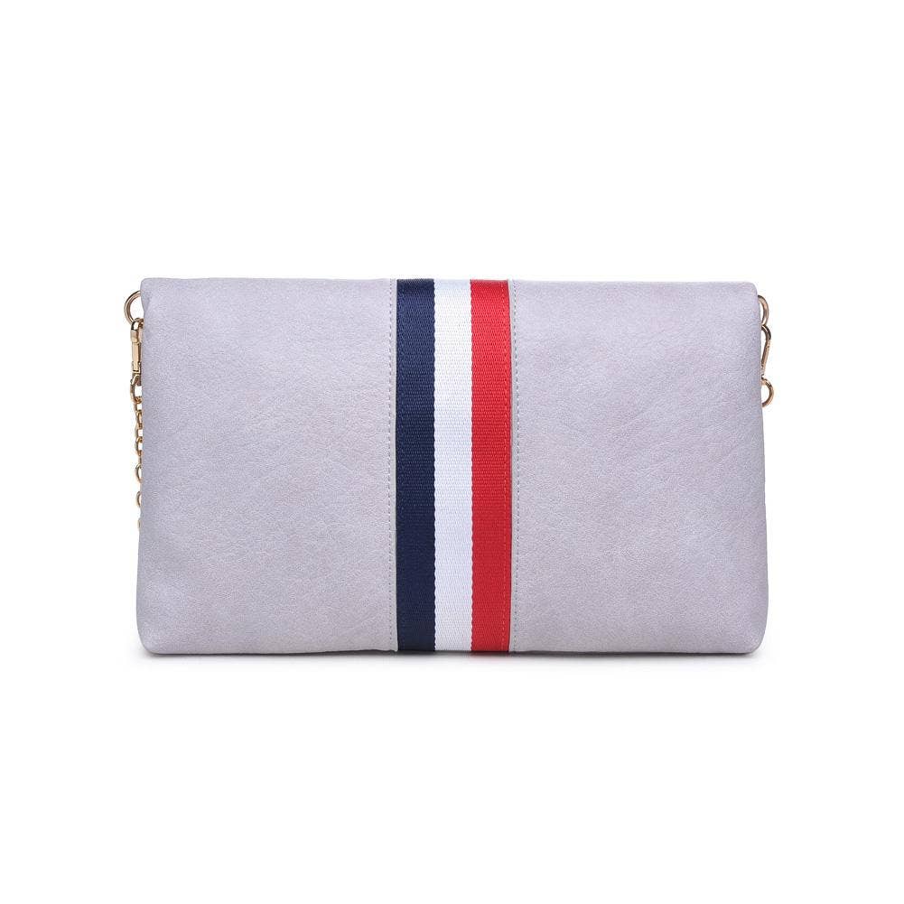 Back view of the gray fold-over clutch with a red, white, and blue stripe, highlighting the clean and minimalistic design.