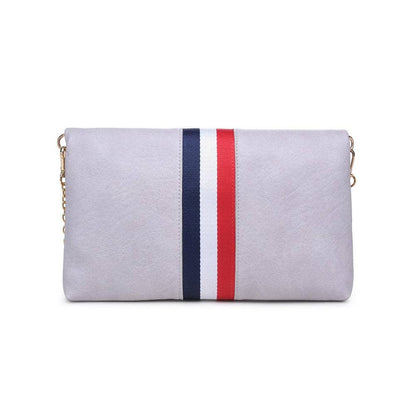 Back view of the gray fold-over clutch with a red, white, and blue stripe, highlighting the clean and minimalistic design.