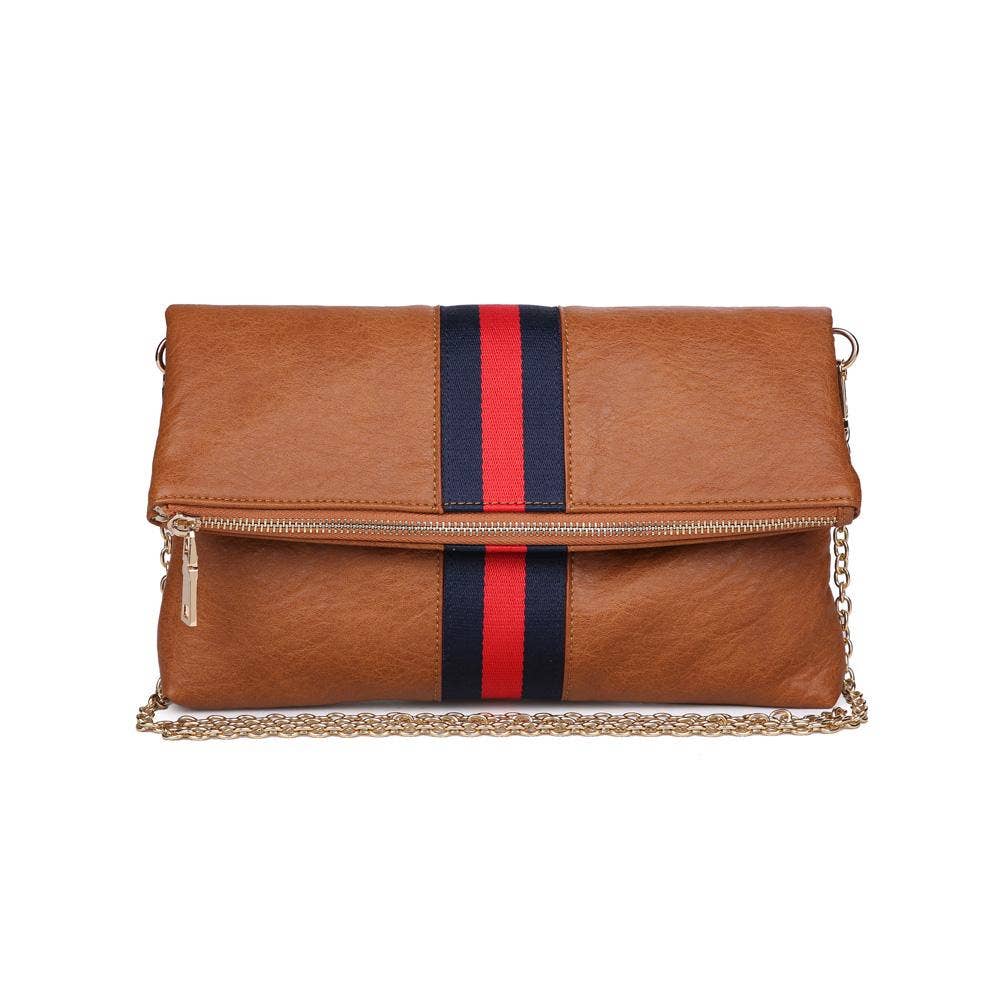 Front view of the brown fold-over clutch with a red and navy stripe, showcasing its gold chain strap and sleek design.