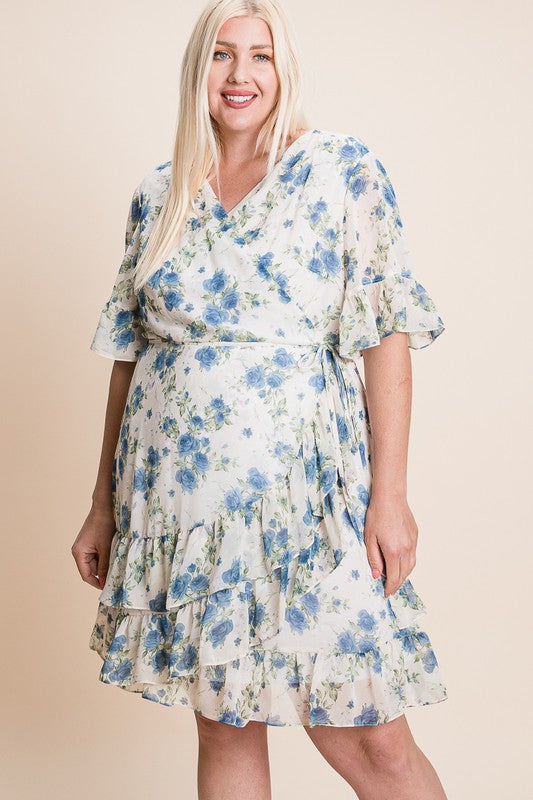 Women's plus size floral wrap dress with blue flower print, ruffle hem, and short sleeves