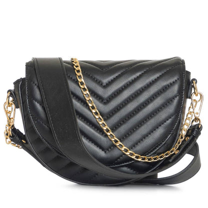 Black quilted crossbody bag with a gold chain strap.