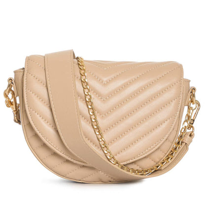 Beige quilted crossbody bag with a gold chain strap.