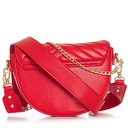 Red quilted crossbody bag with a gold chain strap.