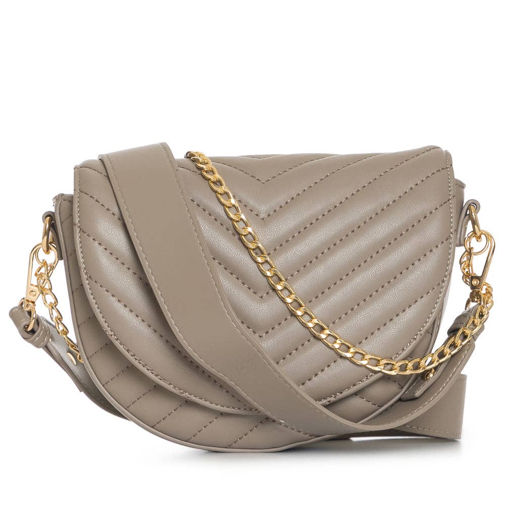 Taupe quilted crossbody bag with a gold chain strap.