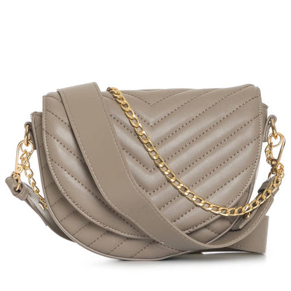 Taupe quilted crossbody bag with a gold chain strap.